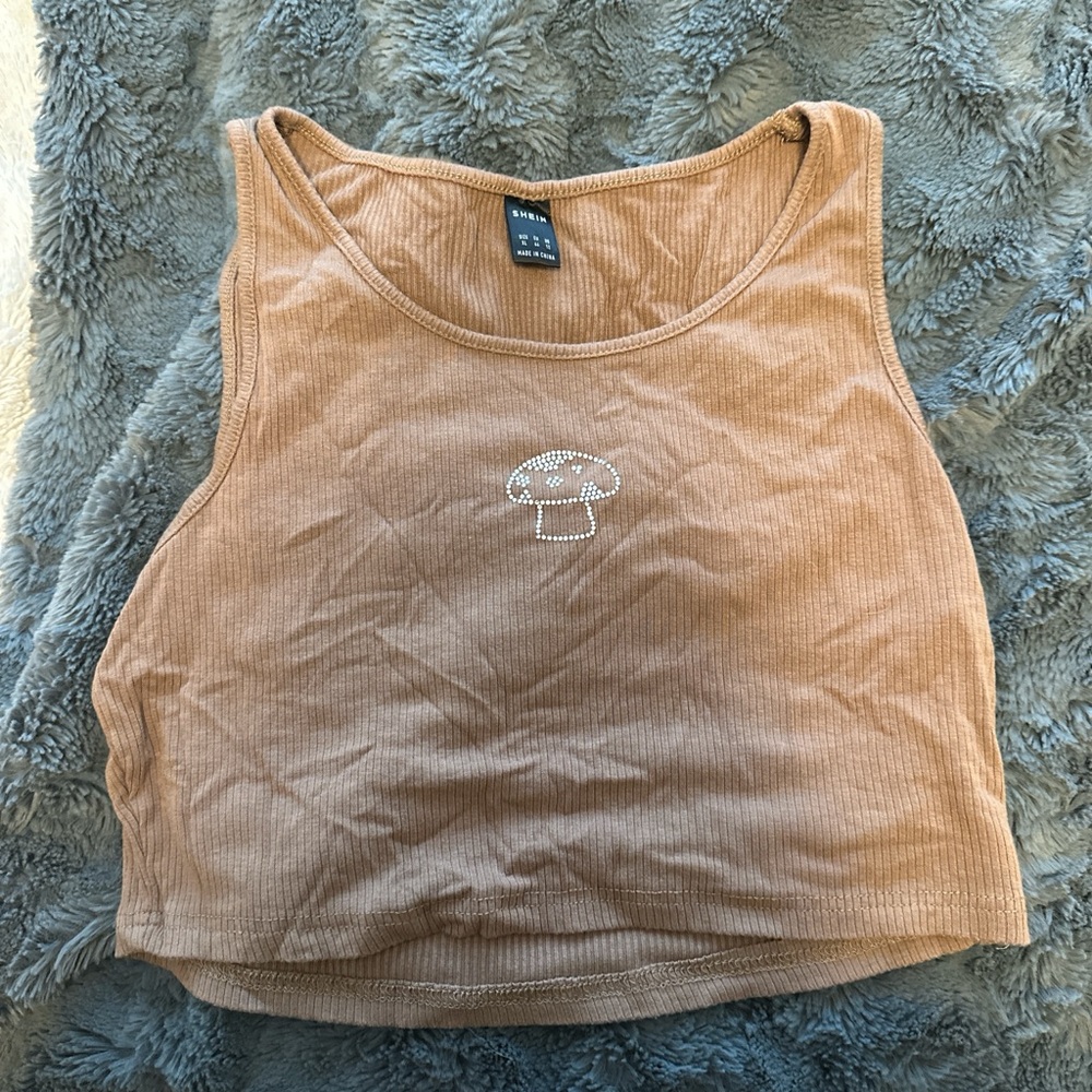 SHEIN Tan Ribbed Tank Top with Rhinestone Mushroom